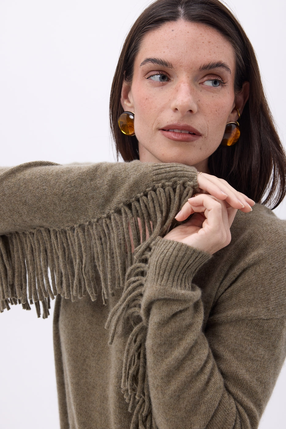Pull Col V Franges Lina - Khaki Chine - Femme