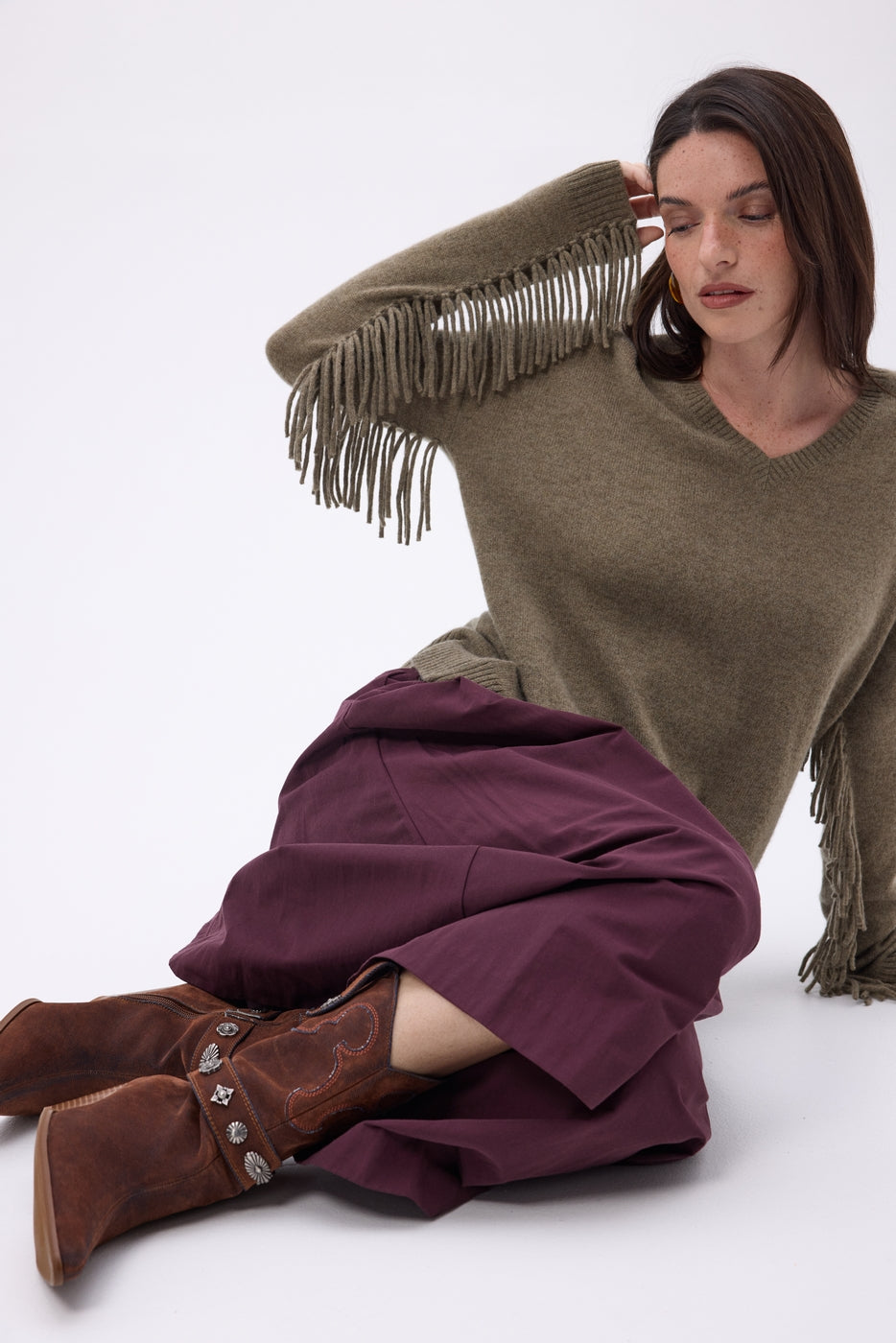 Pull Col V Franges Lina - Khaki Chine - Femme