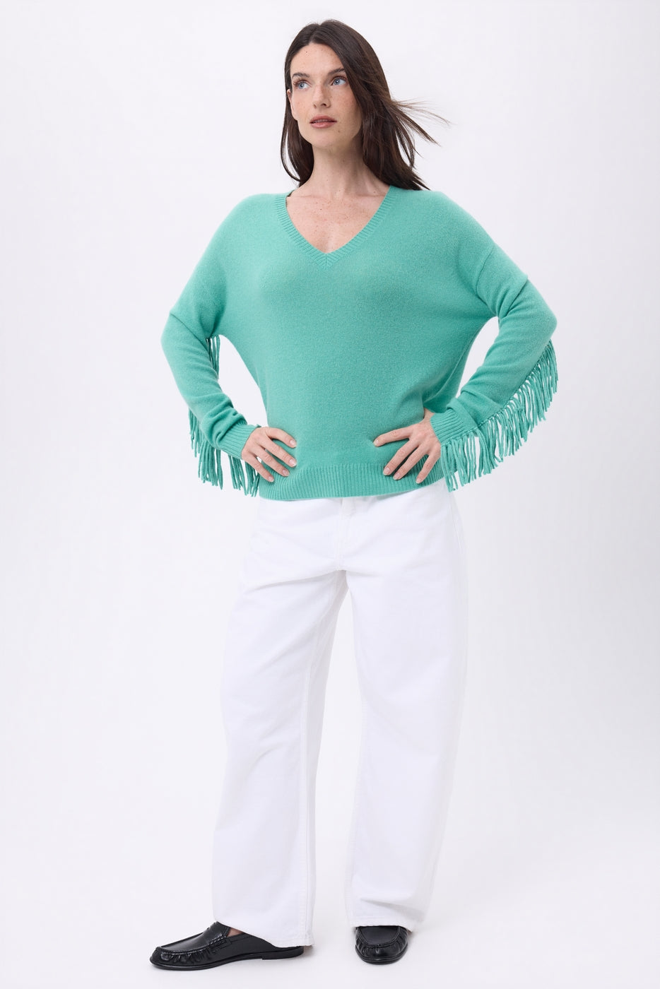 Jersey de cuello en V con flecos Lina - Verde pastel - Mujer