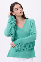 Jersey de cuello en V con flecos Lina - Verde pastel - Mujer