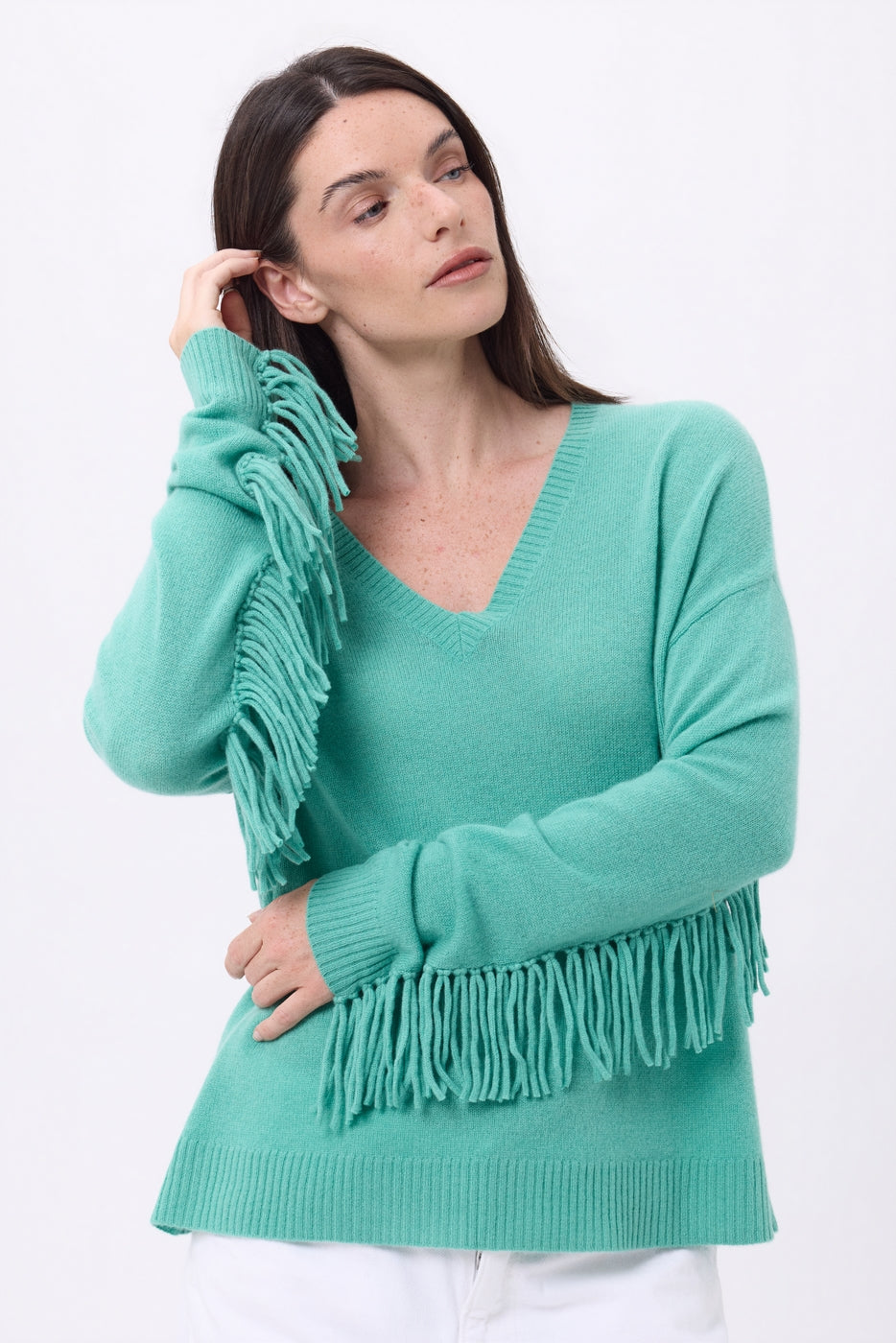 Jersey de cuello en V con flecos Lina - Verde pastel - Mujer