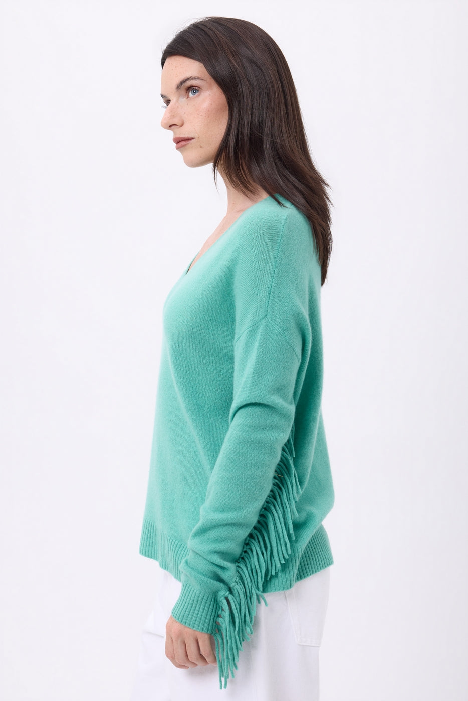 Jersey de cuello en V con flecos Lina - Verde pastel - Mujer