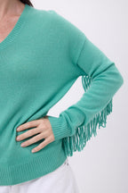 Jersey de cuello en V con flecos Lina - Verde pastel - Mujer