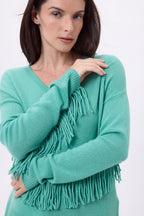 Jersey de cuello en V con flecos Lina - Verde pastel - Mujer