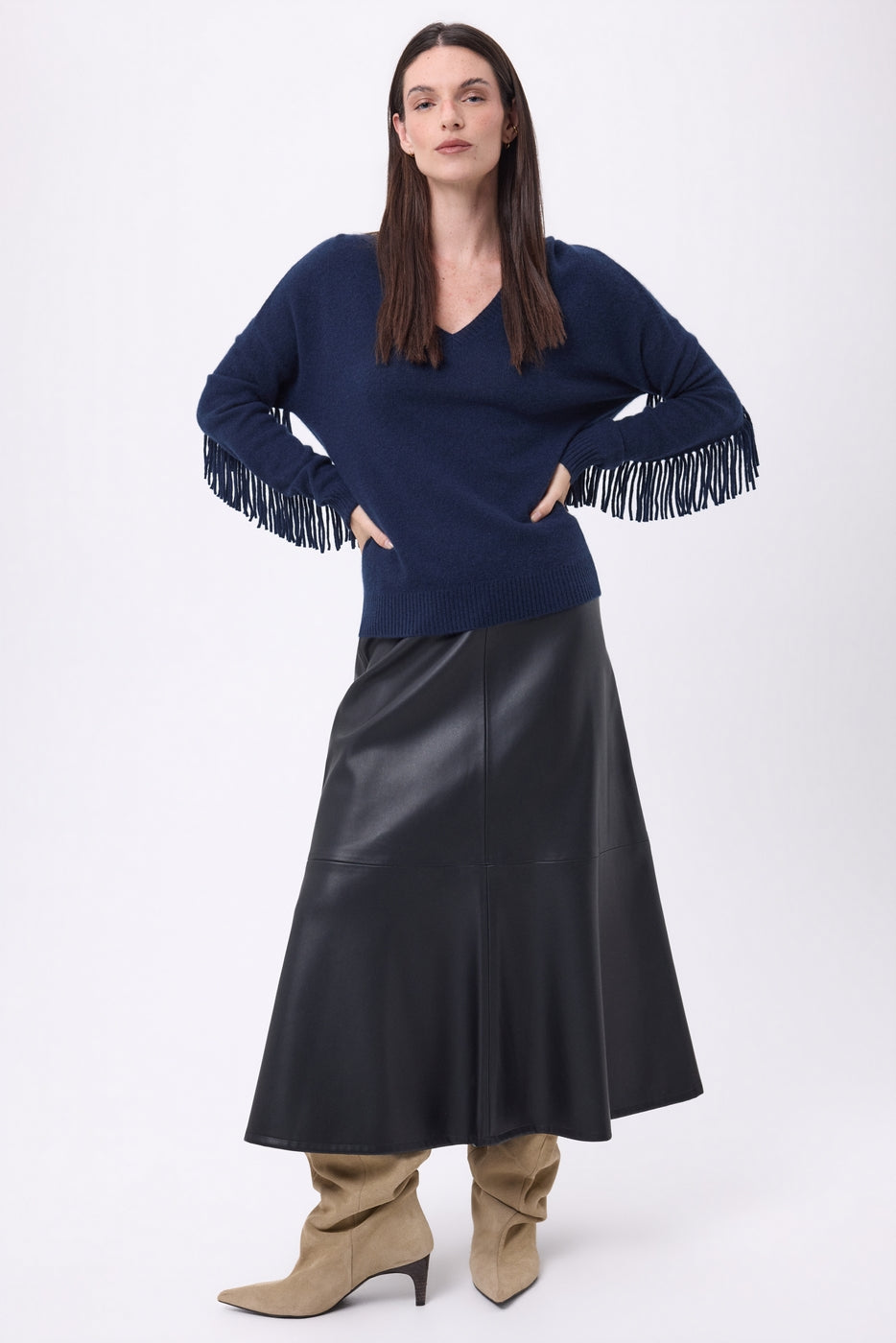 Jersey de cuello en V con flecos Lina - Azul marino - Mujer
