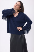 Jersey de cuello en V con flecos Lina - Azul marino - Mujer