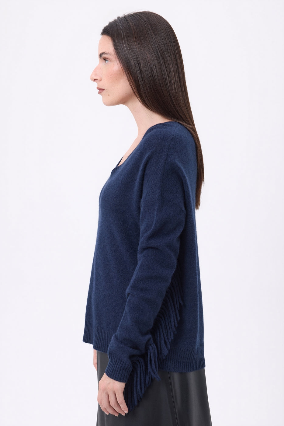 Jersey de cuello en V con flecos Lina - Azul marino - Mujer