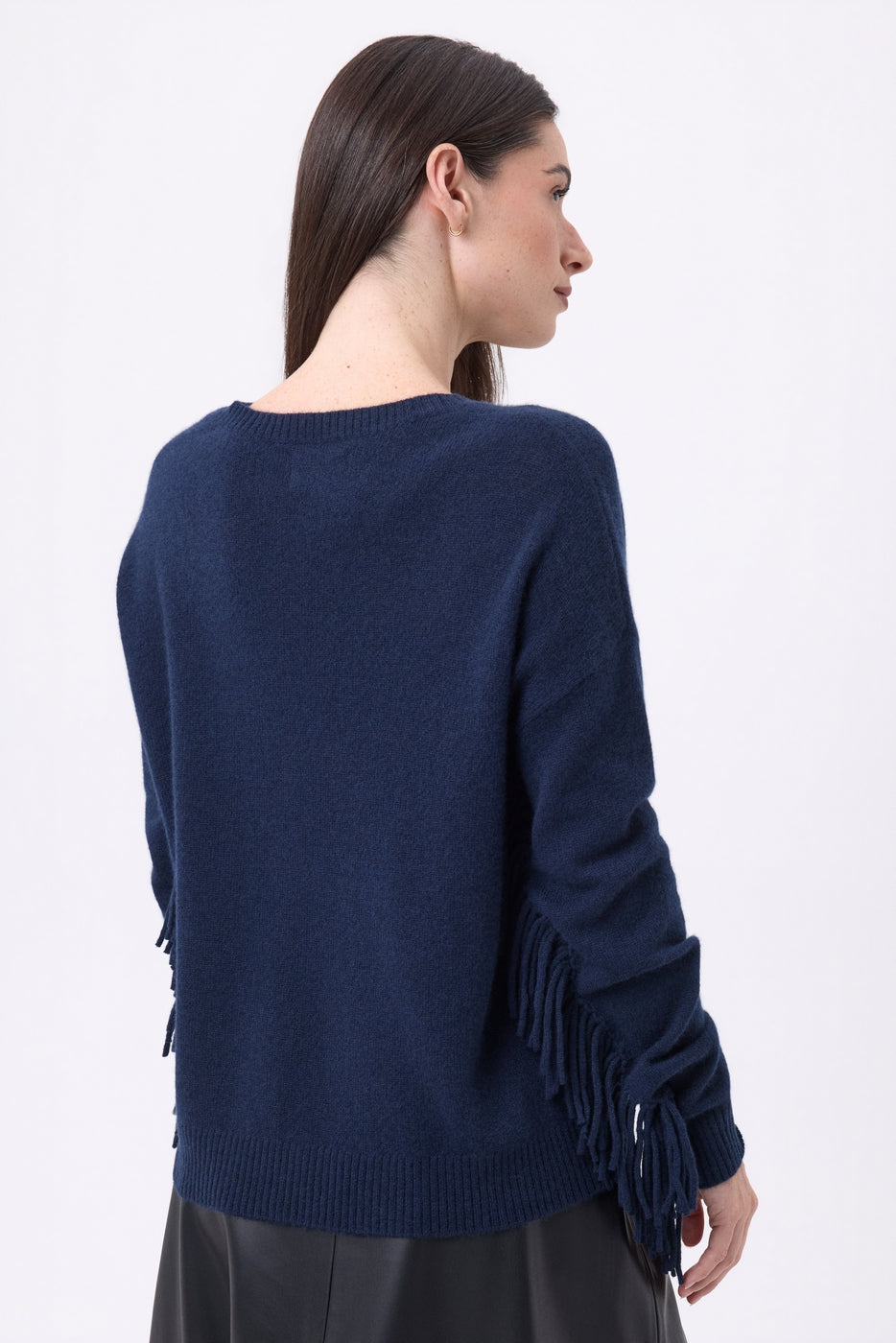 Jersey de cuello en V con flecos Lina - Azul marino - Mujer