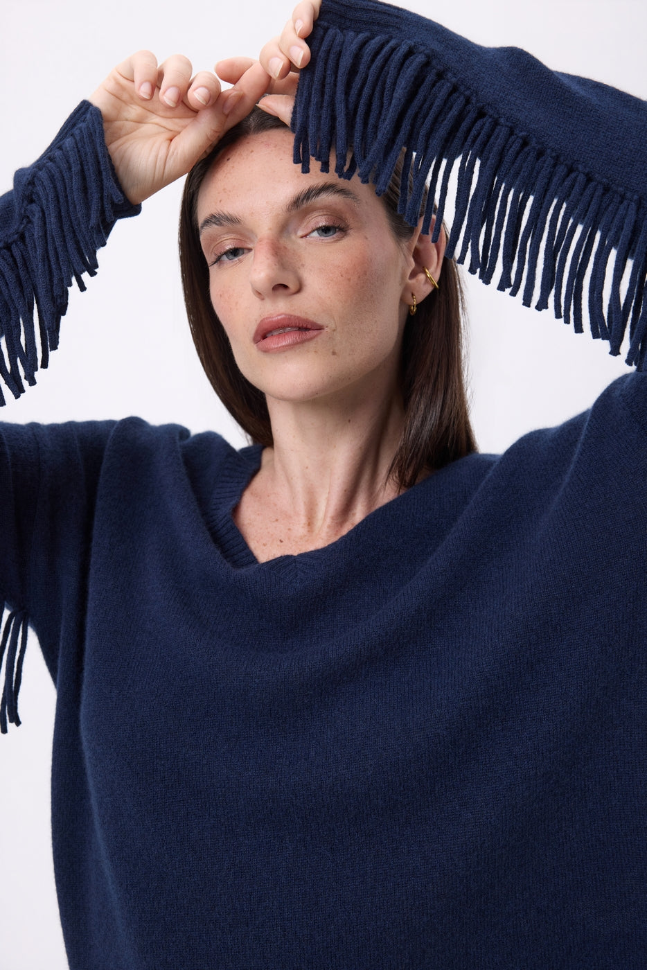 Jersey de cuello en V con flecos Lina - Azul marino - Mujer