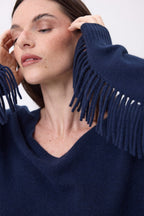 Jersey de cuello en V con flecos Lina - Azul marino - Mujer
