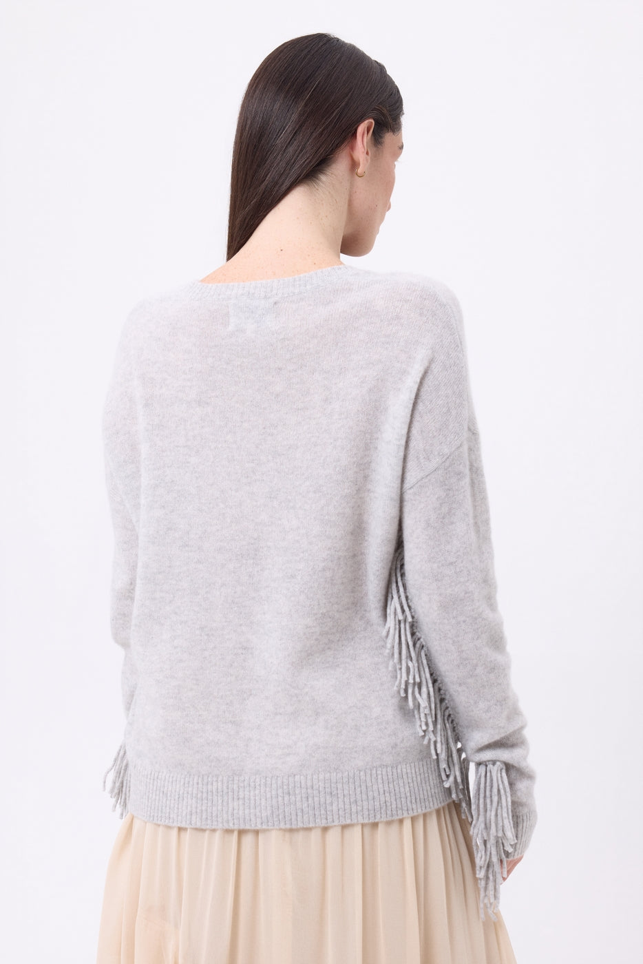 Jersey de cuello en V con flecos Lina - Gris claro - Mujer