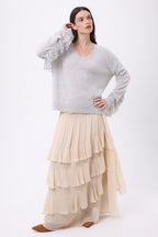 Jersey de cuello en V con flecos Lina - Gris claro - Mujer