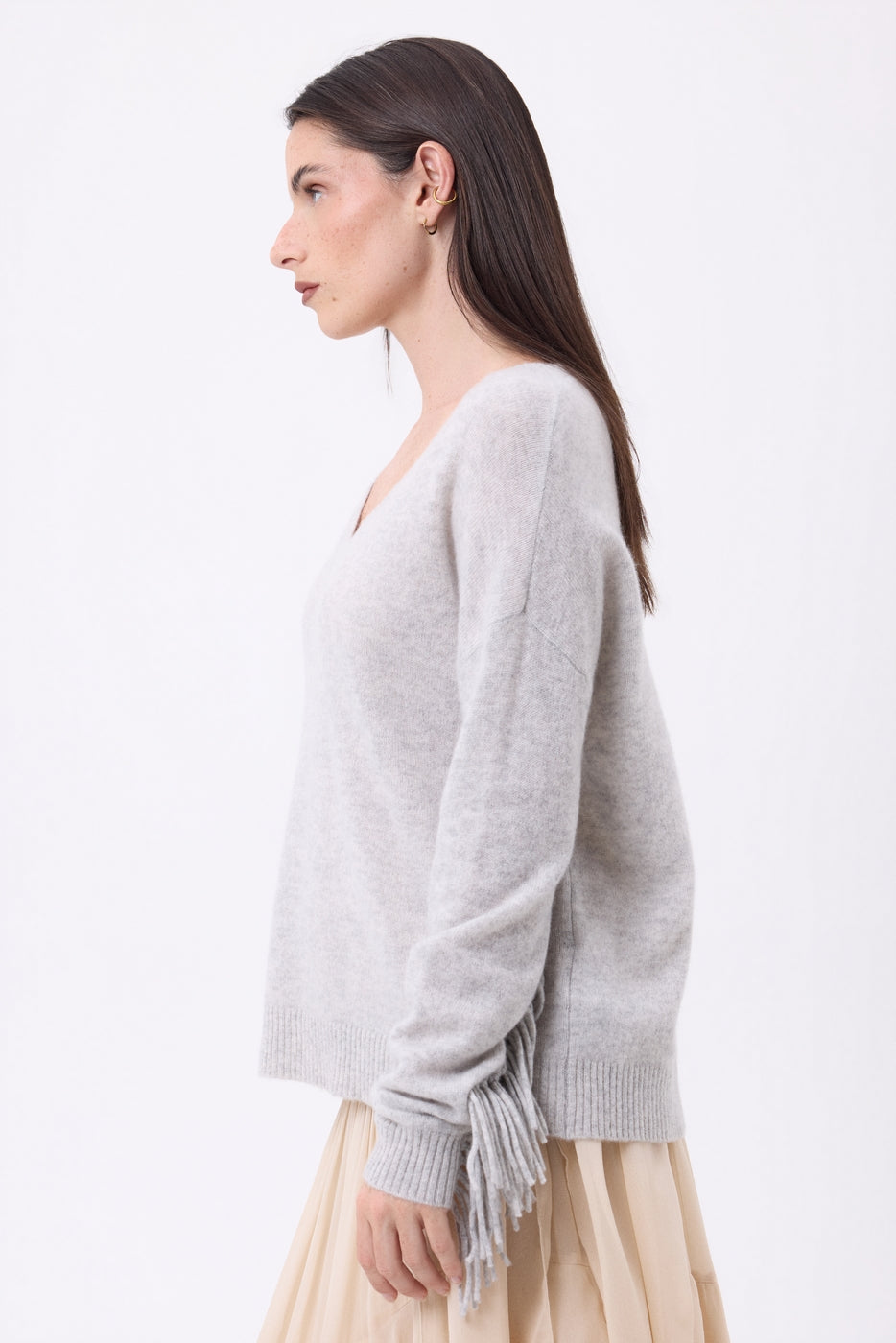 Jersey de cuello en V con flecos Lina - Gris claro - Mujer