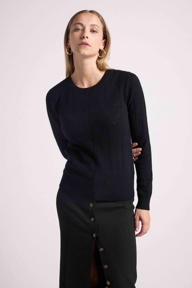 Pull Col Rond Cœurs Pointelle Linda - Noir - 100% Cachemire Oeko-Tex - Femme