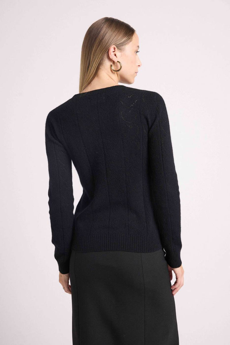 Pull Col Rond Cœurs Pointelle Linda - Noir - 100% Cachemire Oeko-Tex - Femme