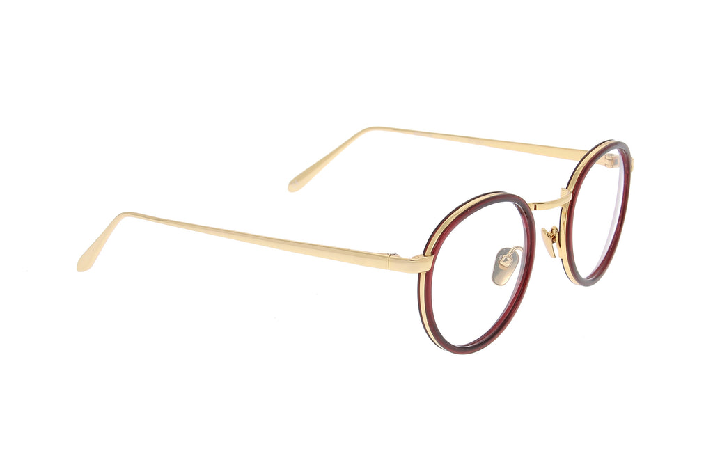 Luxury Eyewear – Okulary Korekcyjne - Linda Farrow, dwukolorowe okrągłe okulary korekcyjne, złoto-bordowa oprawka, widok z profilu