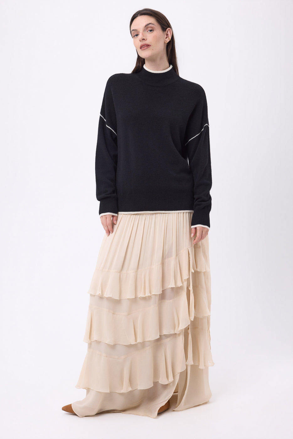 Jersey Cuello Alto Con Ribete Line - Negro-Blanco - Mujer - 100% Cachemira
