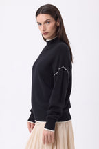 Jersey Cuello Alto Con Ribete Line - Negro-Blanco - Mujer - 100% Cachemira