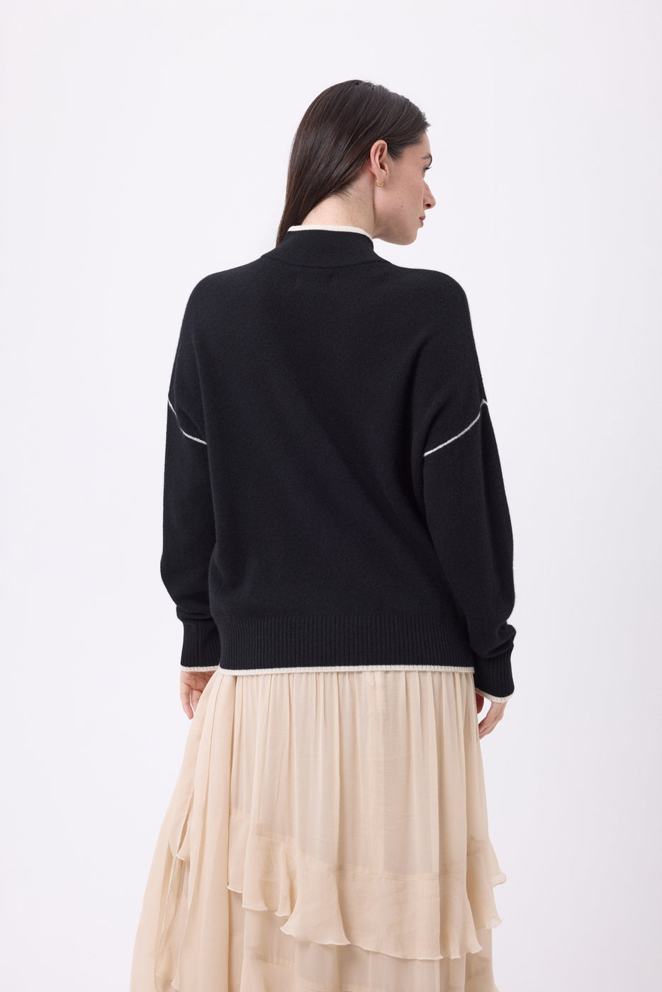 Jersey Cuello Alto Con Ribete Line - Negro-Blanco - Mujer - 100% Cachemira