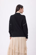 Jersey Cuello Alto Con Ribete Line - Negro-Blanco - Mujer - 100% Cachemira