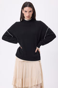 Jersey Cuello Alto Con Ribete Line - Negro-Blanco - Mujer - 100% Cachemira