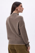 Pull Col Montant Liseret Line - Noisette - Beige Creme - Femme