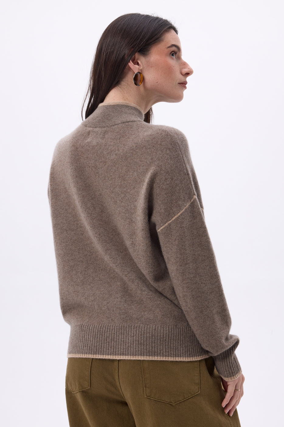 Pull Col Montant Liseret Line - Noisette - Beige Creme - Femme