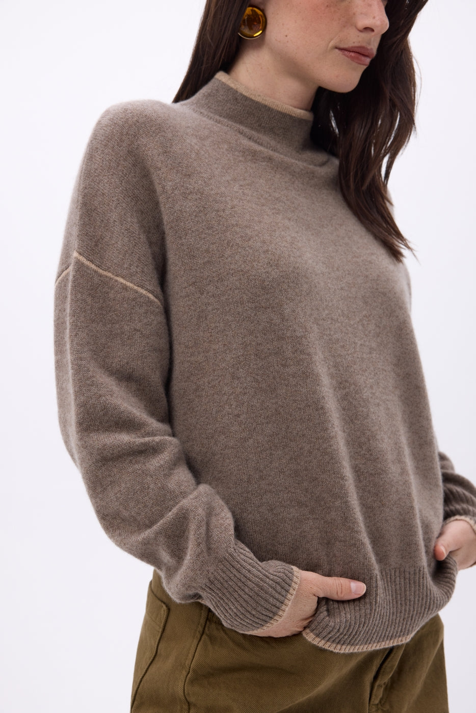 Pull Col Montant Liseret Line - Noisette - Beige Creme - Femme