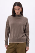 Pull Col Montant Liseret Line - Noisette - Beige Creme - Femme