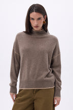 Pull Col Montant Liseret Line - Noisette - Beige Creme - Femme