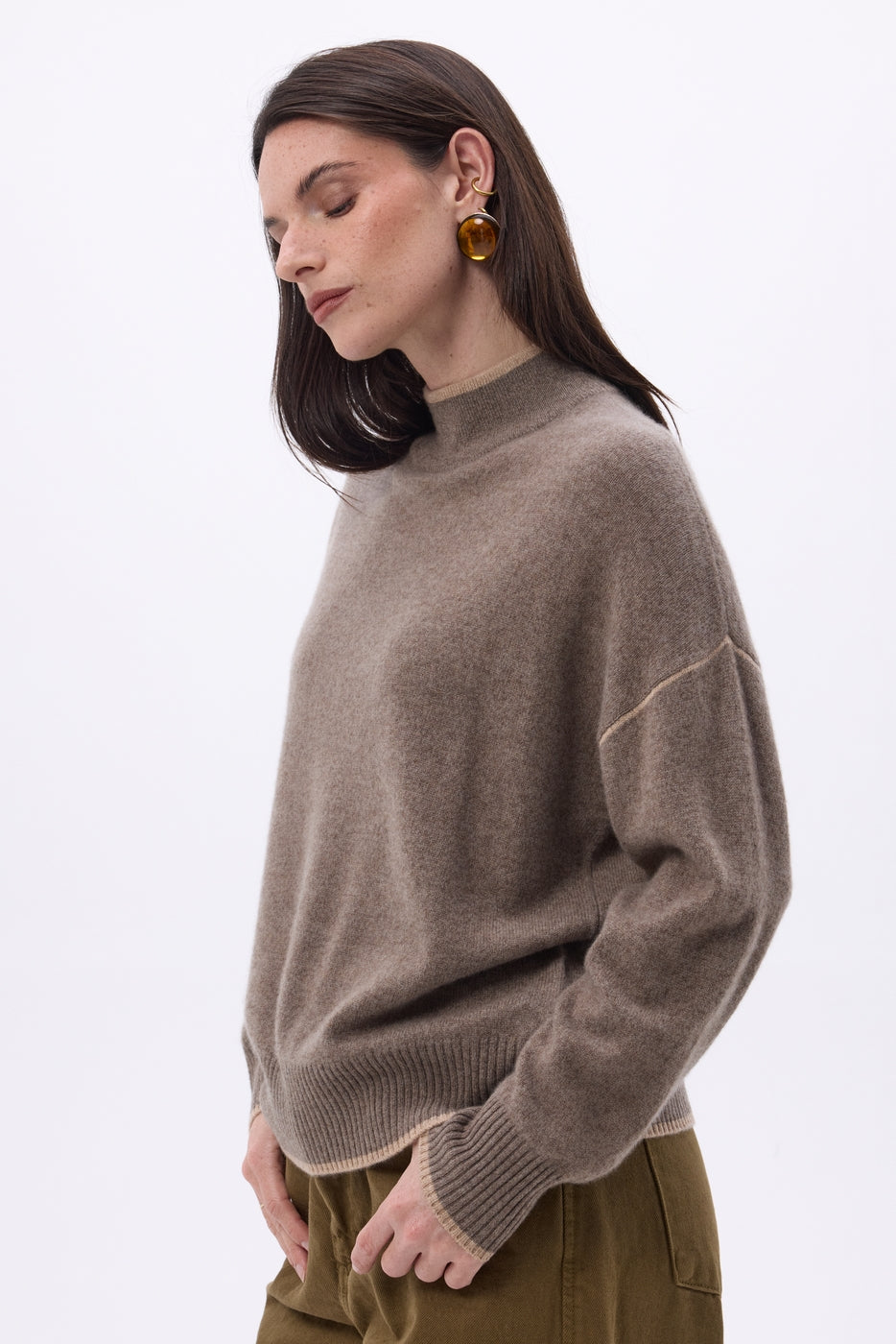 Pull Col Montant Liseret Line - Noisette - Beige Creme - Femme