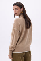 Jersey de cuello alto con ribetes Line - Beige crema - Blanco - Mujer