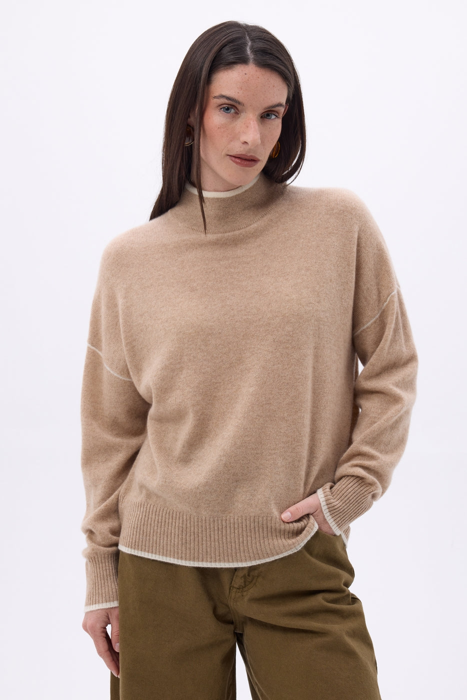 Jersey de cuello alto con ribetes Line - Beige crema - Blanco - Mujer