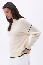 Pull Col Montant Liseret Line - Blanc Noir - Femme