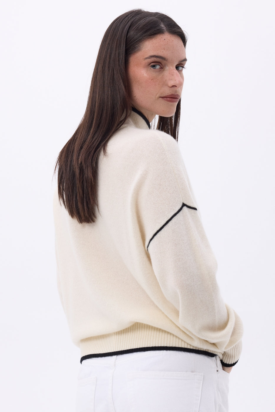 Pull Col Montant Liseret Line - Blanc Noir - Femme