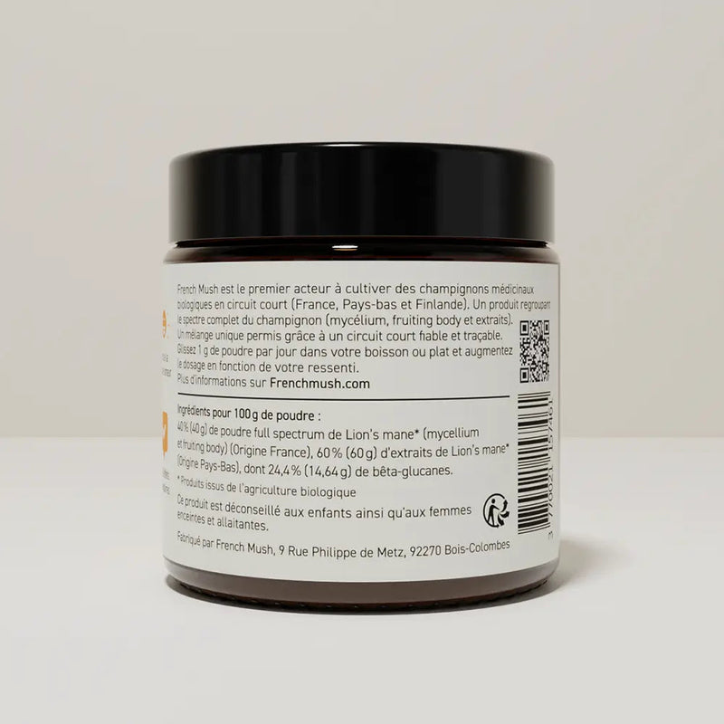 French Mush compléments alimentaires à base d'extraits de champignons médicinaux biologiques fabriqués en France Le Lion’s Mane Bio - poudre -