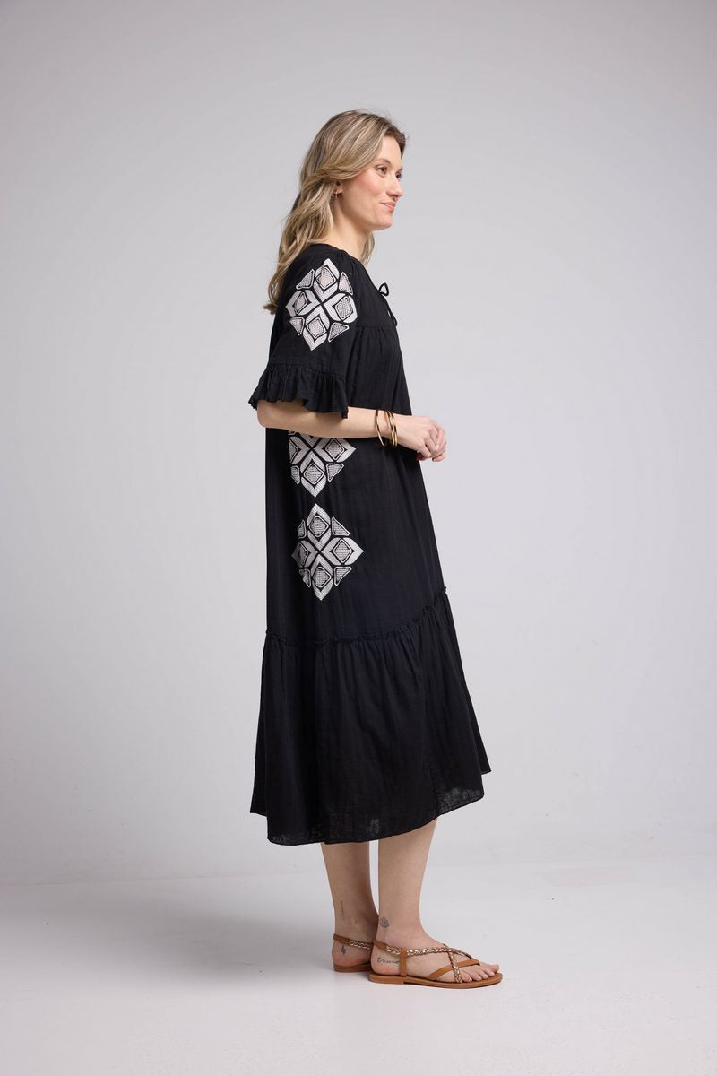 Vestido midi de manga corta - Negro