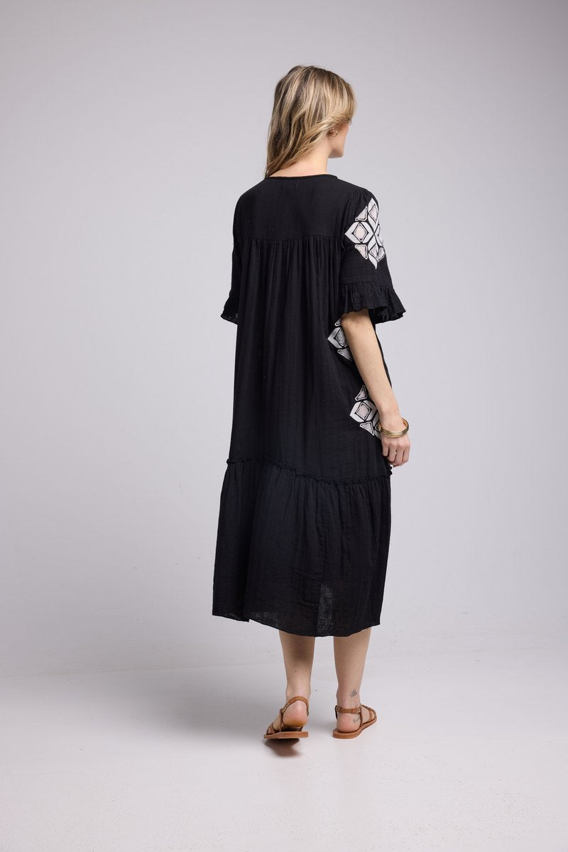 Vestido midi de manga corta - Negro