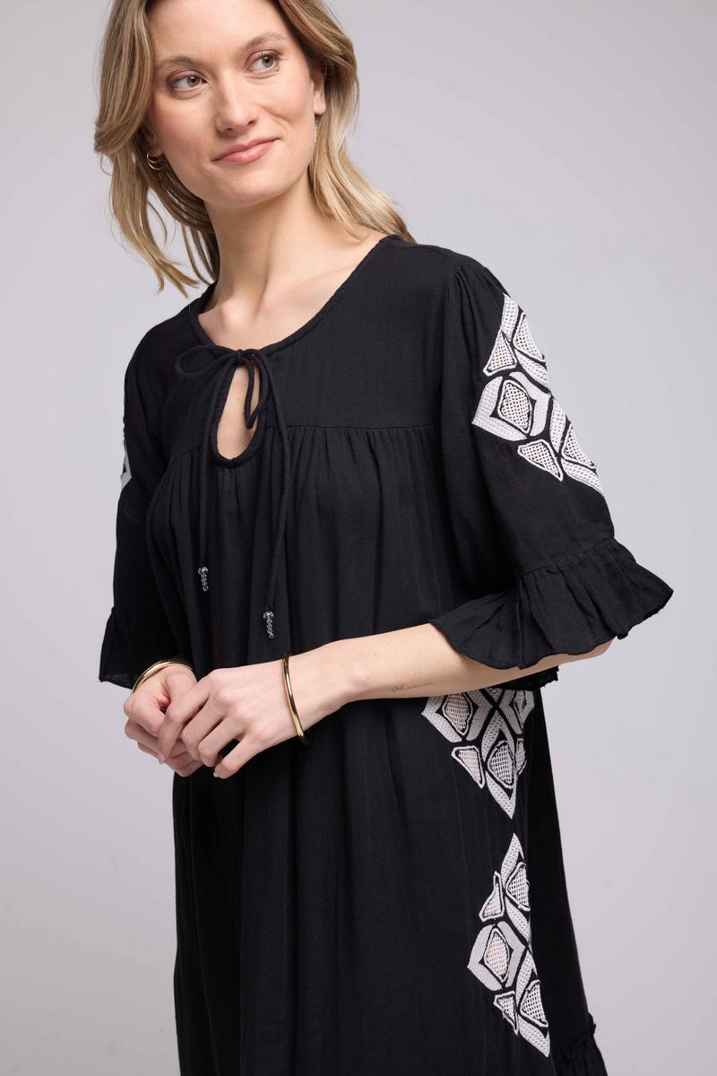 Vestido midi de manga corta - Negro