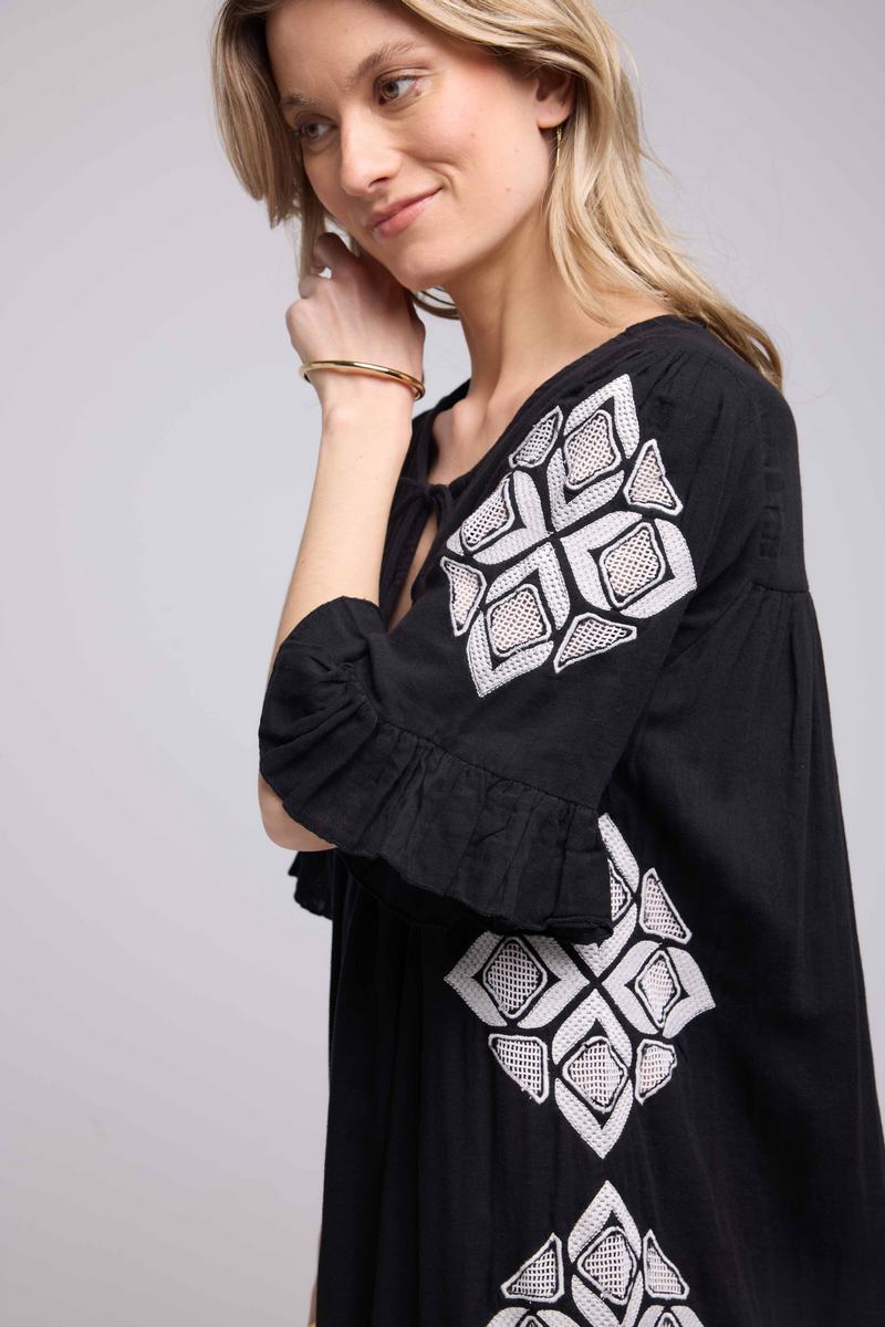 Vestido midi de manga corta - Negro