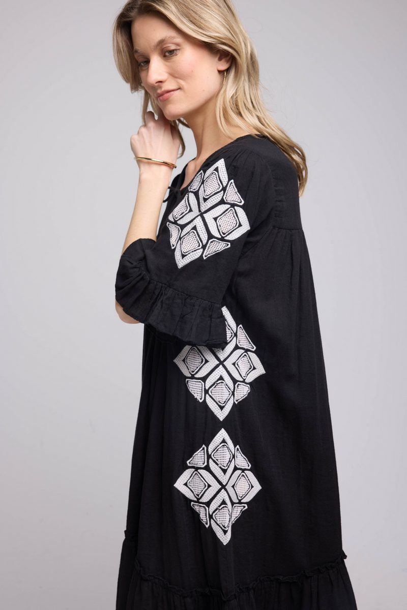 Vestido midi de manga corta - Negro