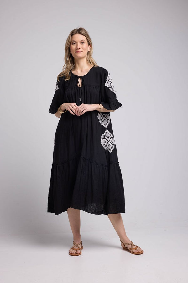 Vestido midi de manga corta - Negro