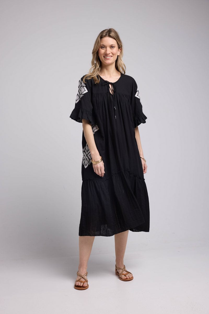 Vestido midi de manga corta - Negro