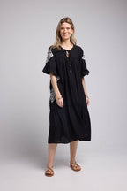 Vestido midi de manga corta - Negro