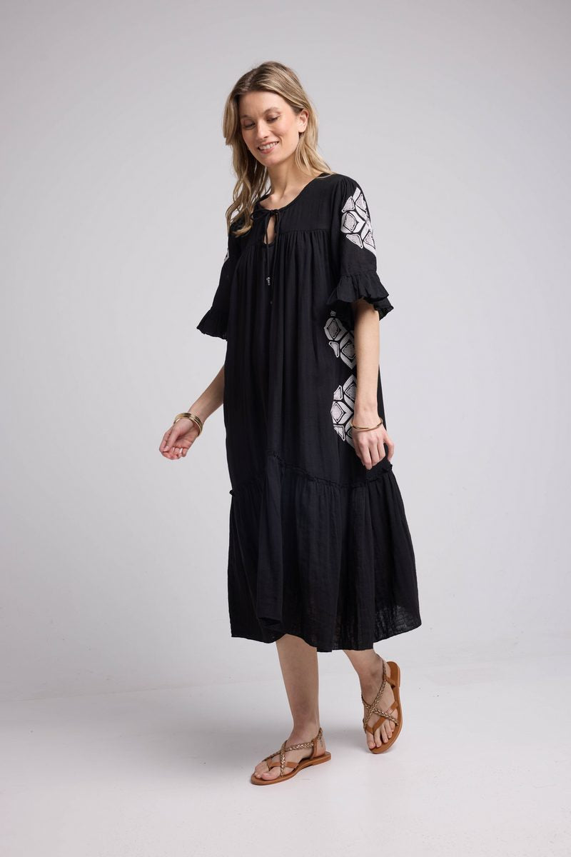 Vestido midi de manga corta - Negro