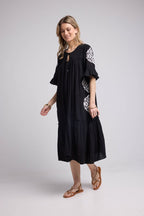 Vestido midi de manga corta - Negro