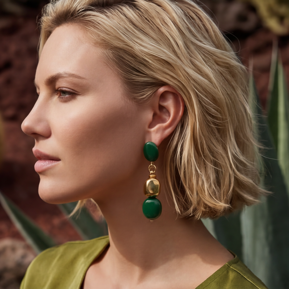 Pendientes Clips Largos Loulou – Verde y Oro