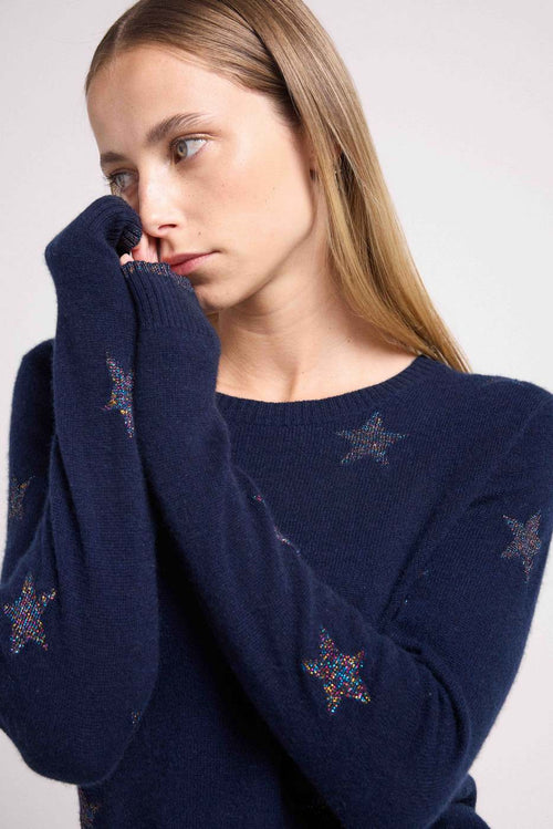Pull Col Rond Etoiles Lola - Bleu Marine Lurex Multicolor