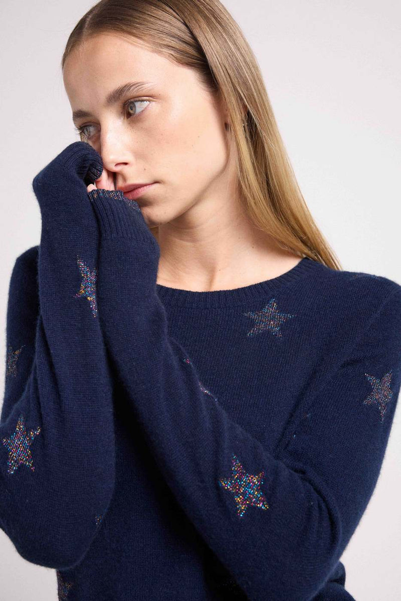 Pull Col Rond Etoiles Lola - Bleu Marine Lurex Multicolor
