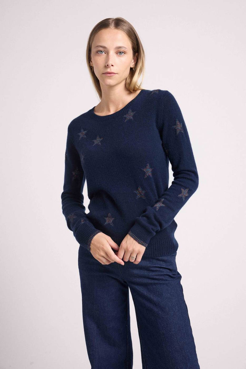 Pull Col Rond Etoiles Lola - Bleu Marine Lurex Multicolor